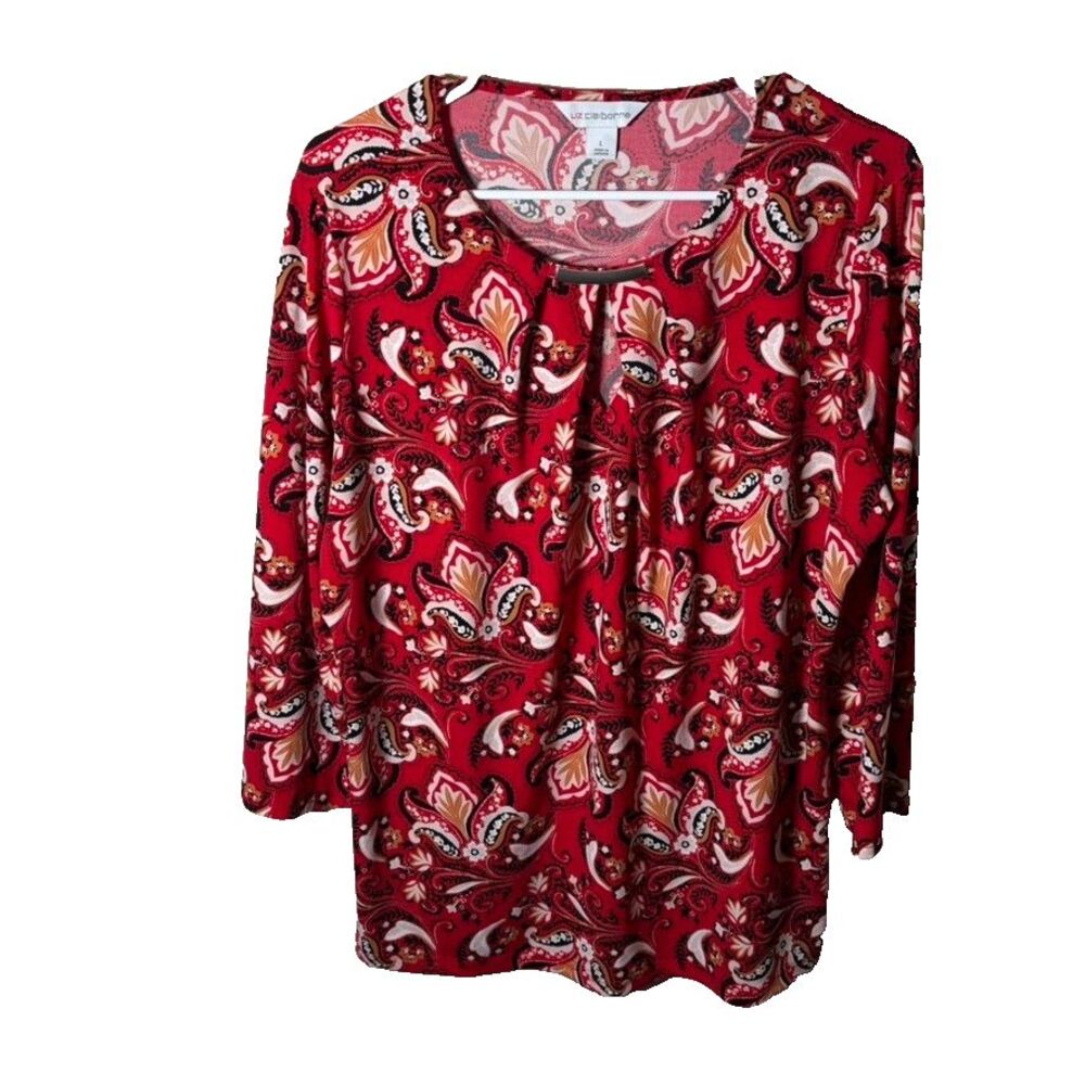 Liz Claiborne Blouse Women's Large Round Neck 3/4 Sleeve Floral Career